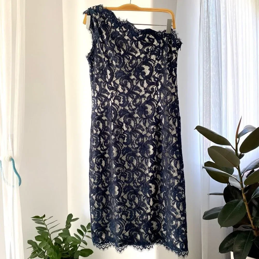 Tadashi Shoji One Shoulder Lace Sheath Dress Party Blue White, Size 6